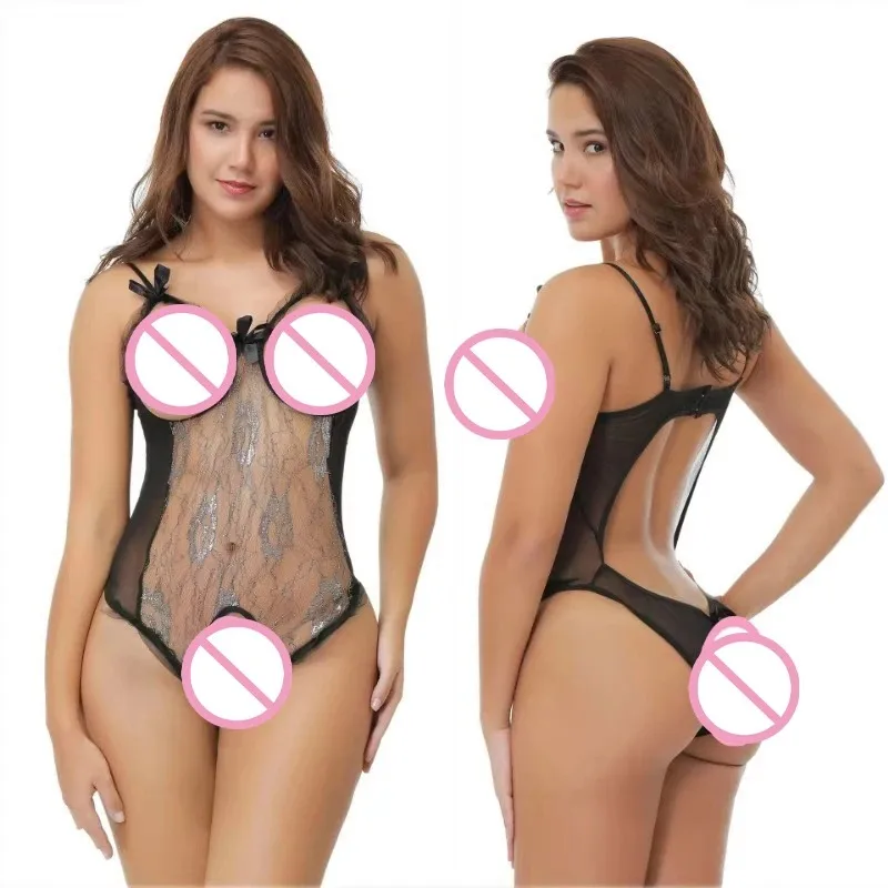Sous-vêtements porno noirs pour femmes, soutien-gorge Transparent en dentelle, une pièce, Costumes Sexy, soutien-gorge ouvert, body sans entrejambe, ensembles de Lingerie érotique féminine
