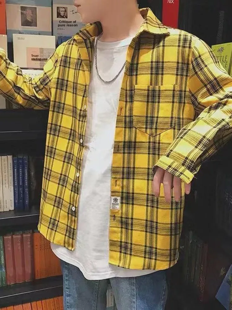 

Loose Plaid Long Sve Men's irt Spring Summer Autumn Casual Student Sle Korean Version Artistic Trendy Hong Kong Sle ...