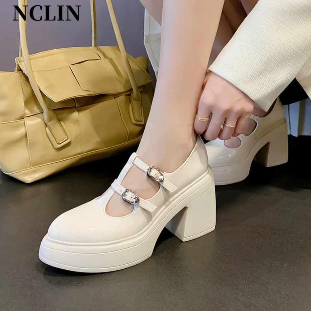 

Chunky Platform High Heels Pumps Women Spring Genuine Leather Ankle Buckle Mary Jane Shoes Woman Thick Heeled White Lolita Shoes