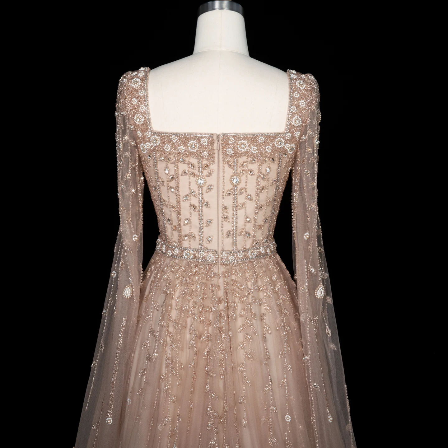 Sharon Said Luxuriöses Flieder-Champagner-Abendkleid mit Quadratischem Ausschnitt und Ärmeln, Rosa Muslimisches Abendkleid für Hochzeitsfeier, SS494 Maßanfertigung – Detail 20