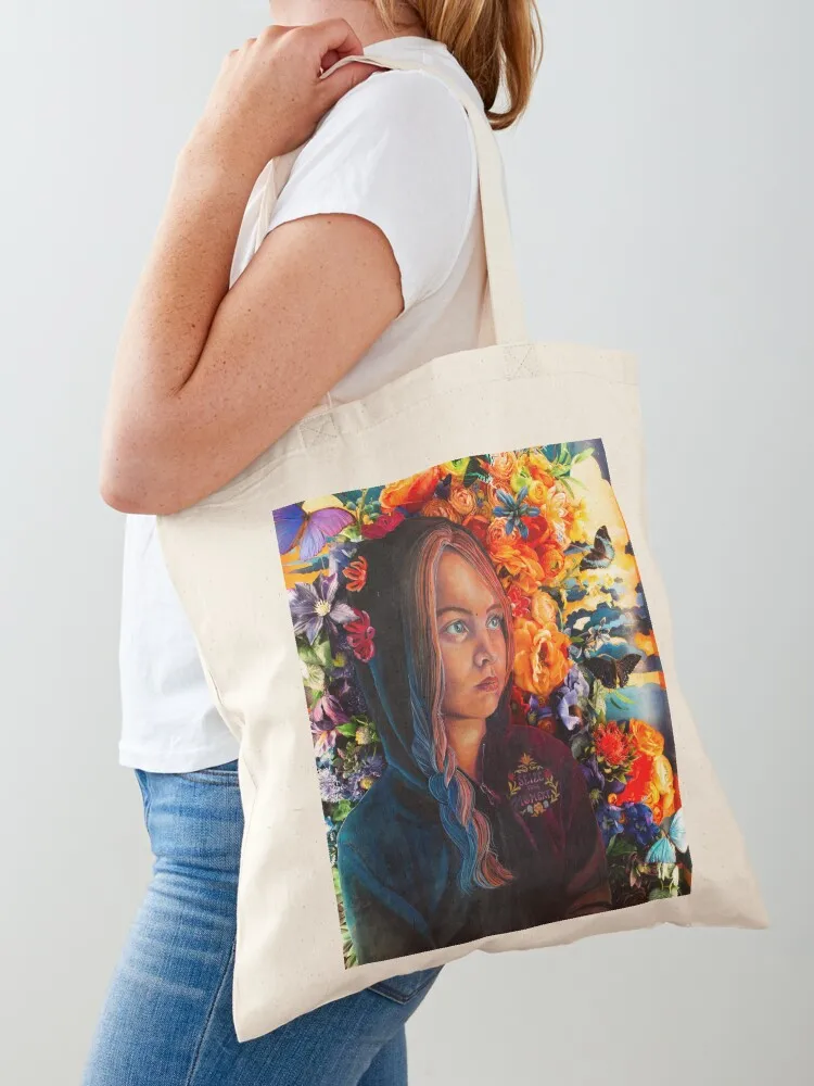 

Portrait of girl with butterflies and flowers (Beleaf) Tote Bag Custom bag shopping bag Beach