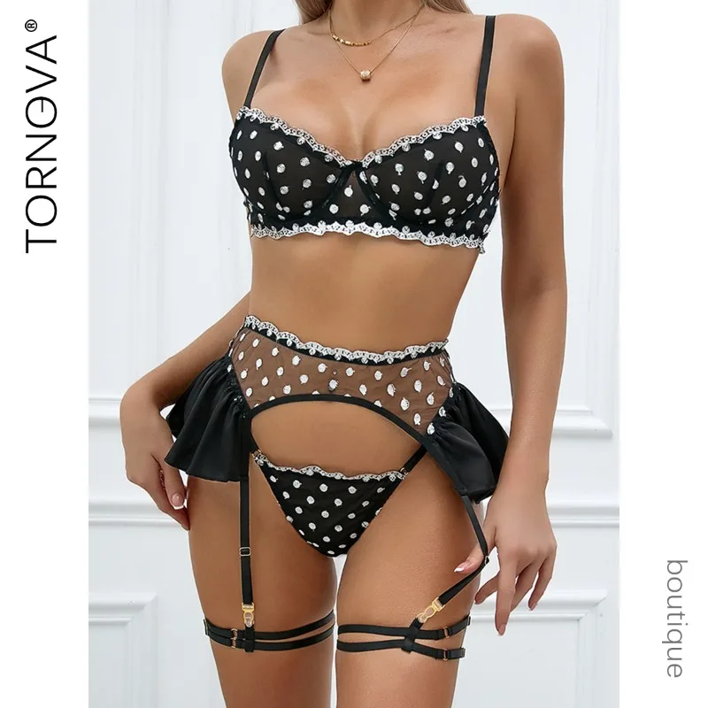 

Tornova See-through Lace Sexy Lingerie Panty Garters Patchwork Hollow Private Set Skinny Backless Interesting Mesh Underwear Set