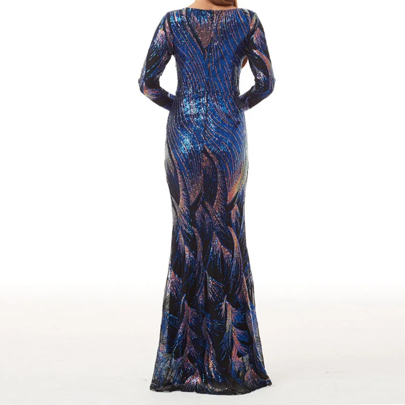 Elegante prachtige pailletten volwassen vrouwen sexy nauwsluitende vissenstaart lange jurk o hals lange mouwen avondfeest fancy kostuum