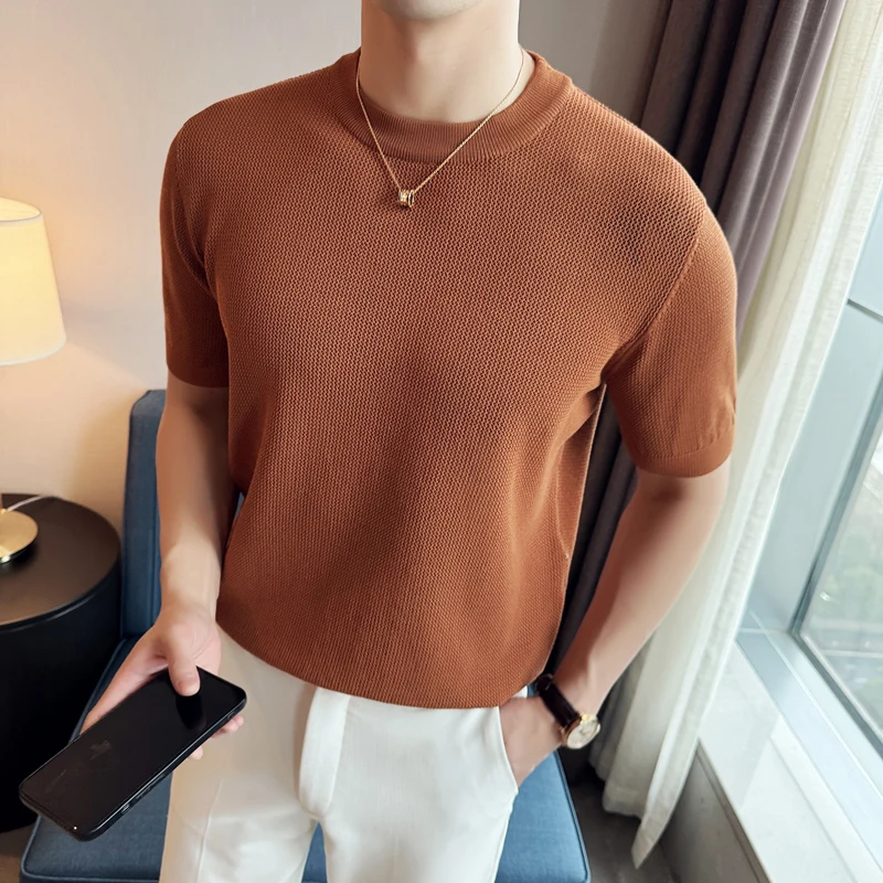 

2024 Summer Trendy Mesh Slim Fit Round Neck T-shirts Men Short Sleeved Sweater Knitted Shirt for Men Casual Business Tee Tops