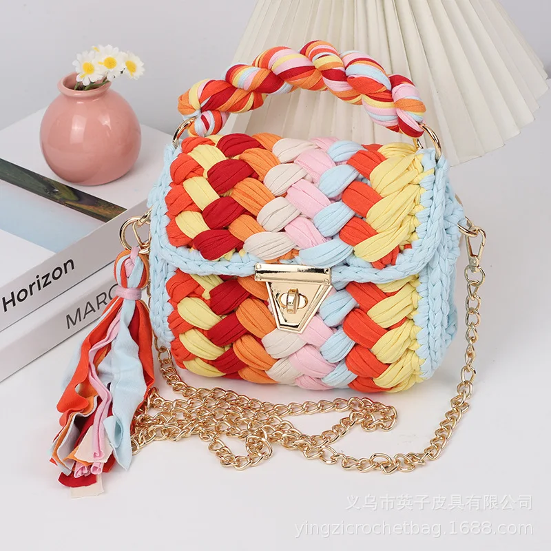 

Women'bag 2024 New Crochet Cloth Strip Bag Handmade in Stock Finished Chain Small Square Bag Luxury Designer Handbag