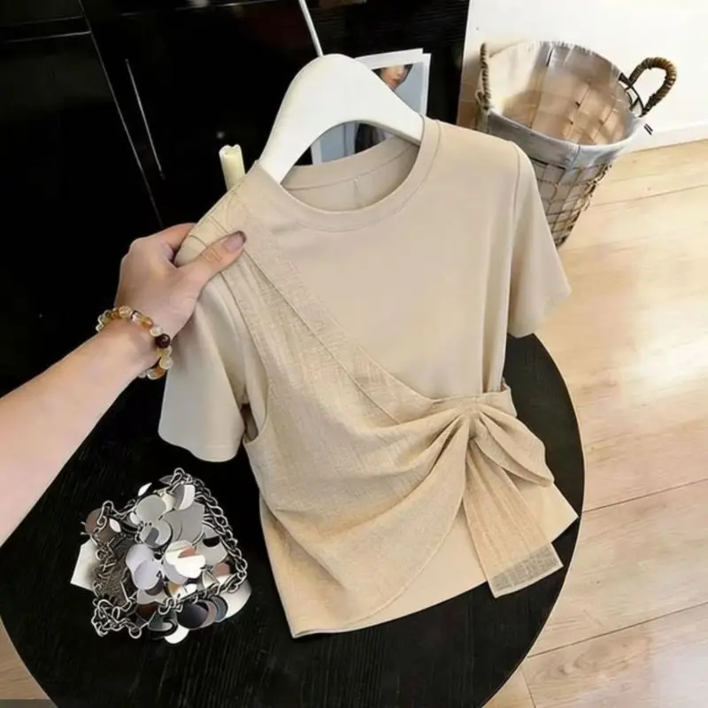 Irregular Bow Patchwork Solid Two Temperament Tops Women Clothing New Short Sleeve Office T Shirts Elegant Fashion Summer