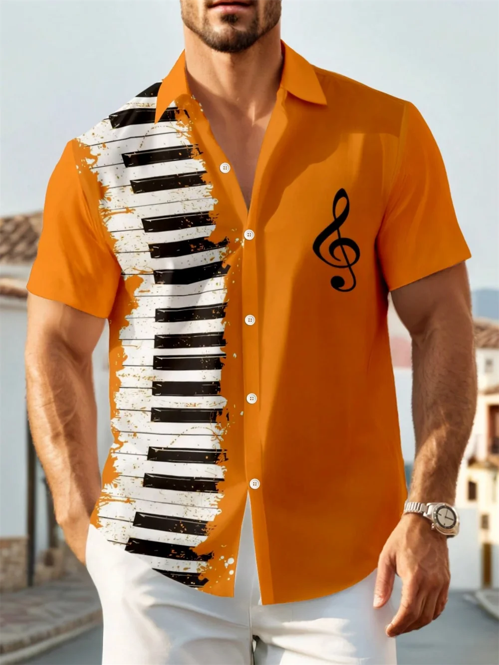 Wealthy men's shirt with piano design, short sleeved shirt, comfortable and soft, daily vacation men's clothing