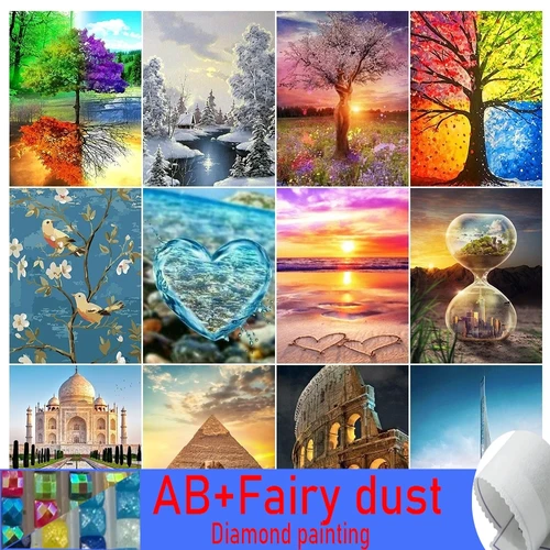 풍경 5D 120 색상 AB 페어리 더스트 다이아몬드 페인팅, 추상 사계절 나무 모자이크 해변 라인석 자수 홈 장식 