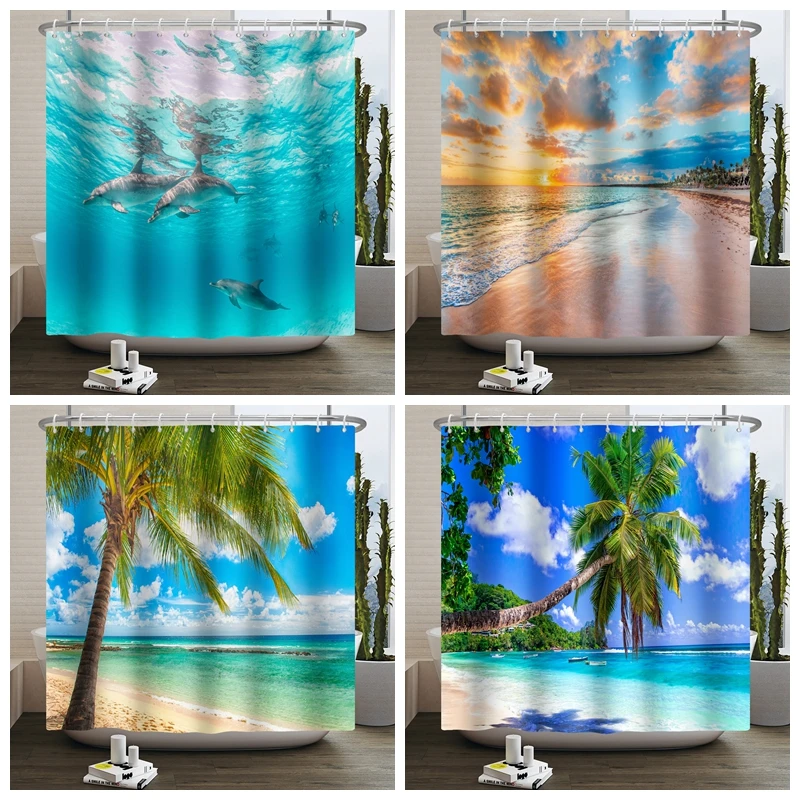 

Summer Seaside Shower Curtain for Bathroom Beach Wave Palm Tree Underwater Fish Washable Polyester Fabric Bathtub Screen 180x240