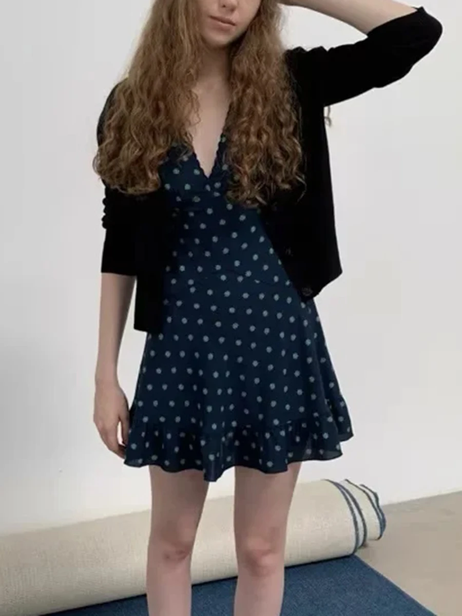 TWOTWINSTYLE Navyblue Floral Print Mini Dresses for Women V Neck Puff Sleeve Slimming Ruffled A Line Dress for Casual Hangouts