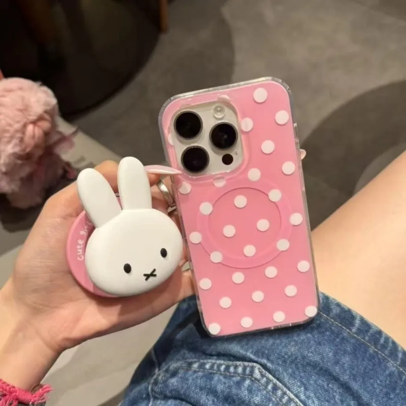 ​Miffy Pastel Phone Case for IPhone 16ProMax15 Magnetic Anti-Drop Ultra-Thin Strong Magnetic Kawaii 3D Bunny Head Phone Stand