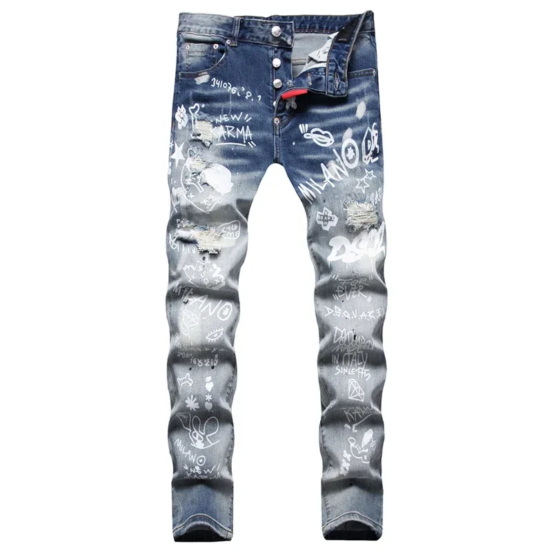 new design fashion BRAND Men Jeans DSQ2 Denim Pants Hole Slim Trousers Metal Buttons Party Classics D2 coolguy JEANS blue 098