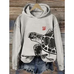 Sea Turtle Japanese Art Print Hoodie Women Harajuku Long Sleeve Hoodies Retro Oversized Casual Pullover Old School Outfits Tops