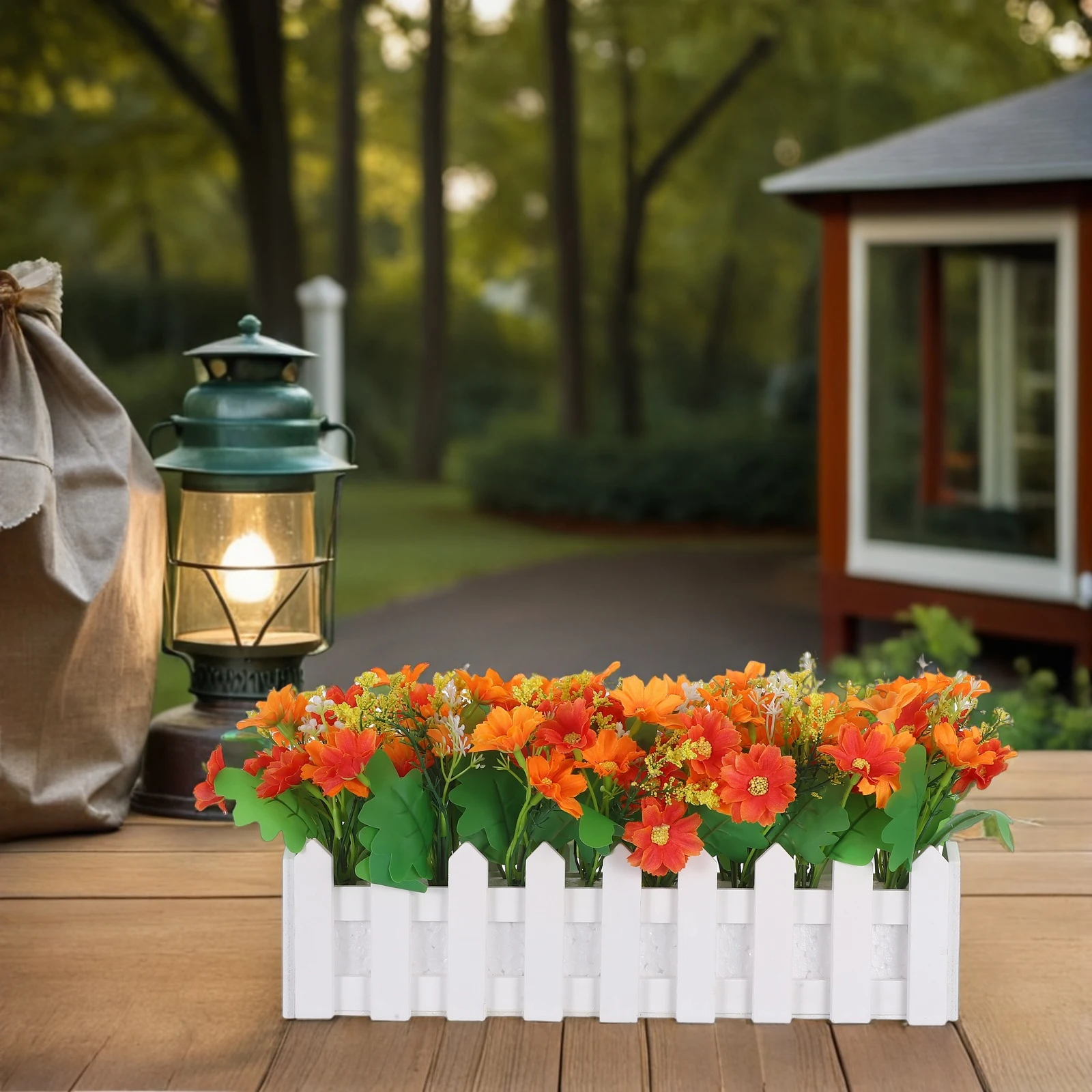 

Artificial Chrysanthemum Flowers in Fence Pot Lifelike Potted Plants for Indoor Outdoor Garden Porch Wedding Decorations