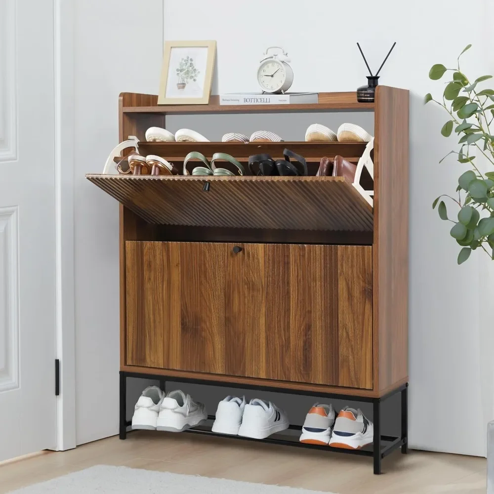 Fluted Shoe Cabinet with 2 Flip Drawers, Modern Slim Shoe Storage Organizer, Narrow Entryway Shoe Rack