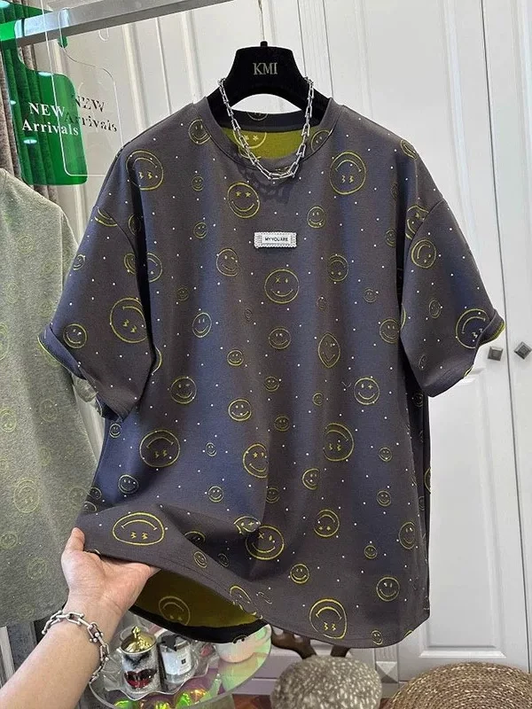 

Large Size 300 Pounds European Style Face Rhinestone Short Sleeve Women's T-shirt Summer Loose Meat Covering Fashionab...