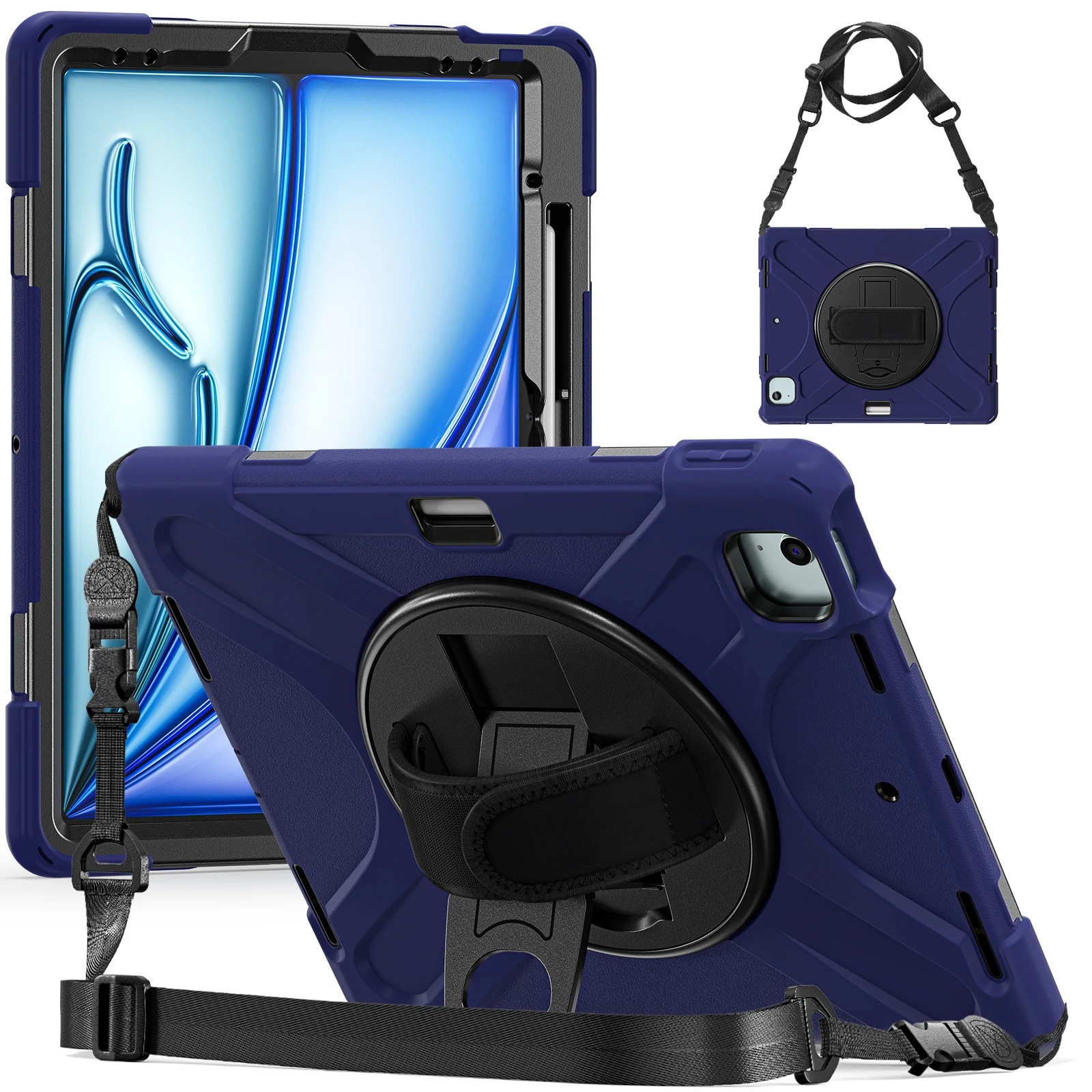 

For iPad Air 13 (2025) / (2024) Kickstand Case TPU+PC+Silicone Tablet Cover with Shoulder Strap - Navy Blue