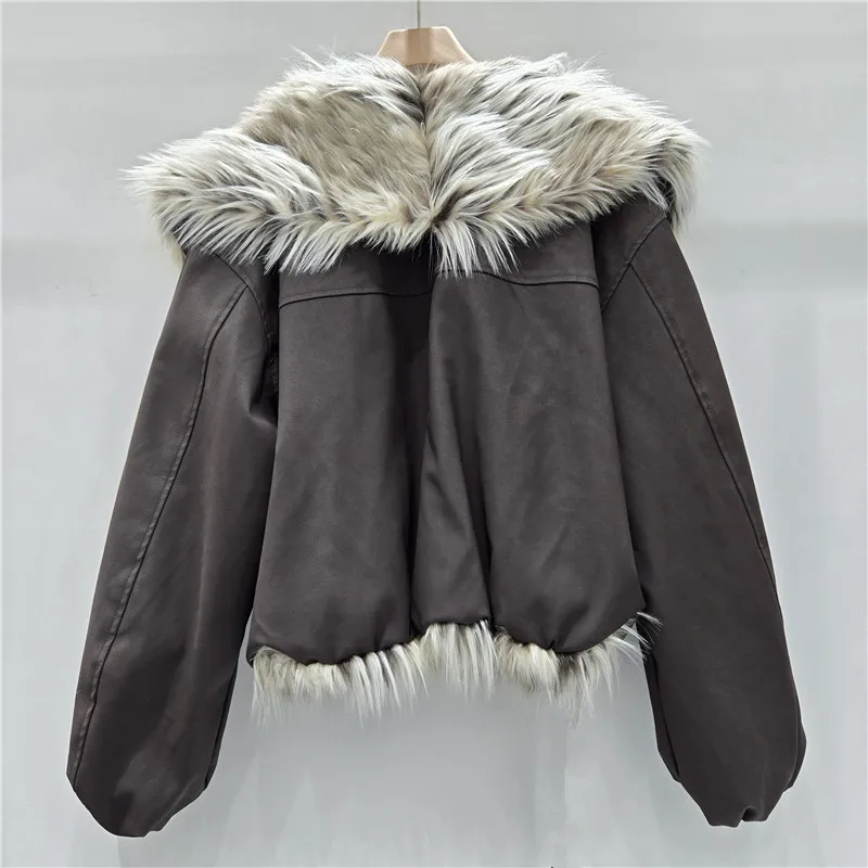 نساء 2025 شتاء موضة جديدة النمط الأمريكي مثير فتاة جاكيتات ليوبارد طباعة كبيرة فو الفراء طوق مبطن العصرية معاطف السترة