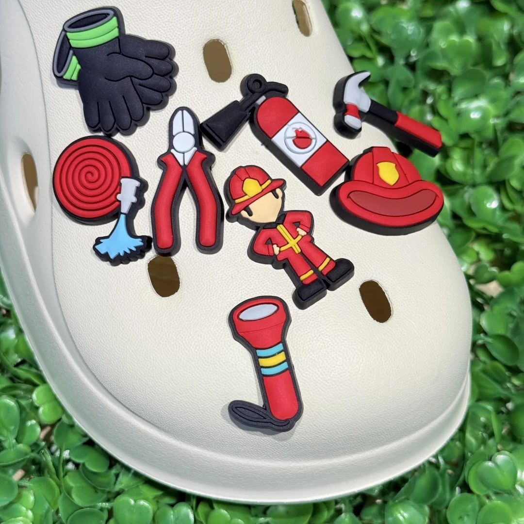 1/9Pcs Fireman Helmet Hammer PVC Shoes Buckle Charms Fire Hydrant Kids Clog Designer Accessories DIY Bracelet view 2