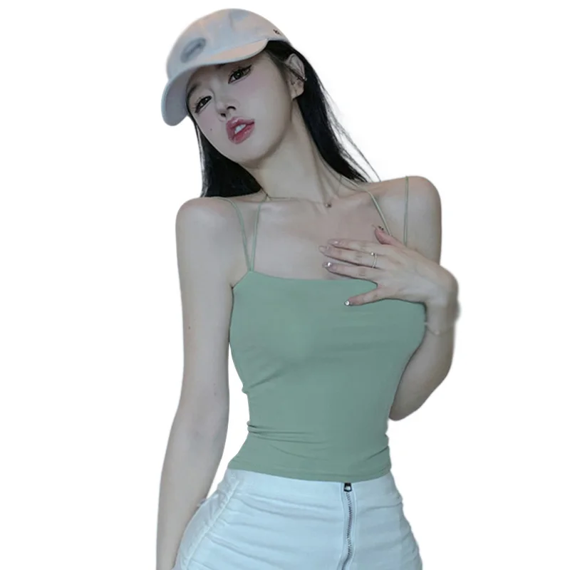 Korean Version Sweet Slim Camisole With Chest Pad For Women Solid Color Fashion Dual Straps Halter Casual Versatile Girly Crop T