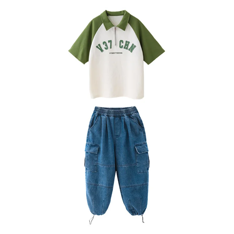Hip Hop Mädchen Kleidung Kinder Jazz Street Dance Kostüm Grün Kragen T-shirt Denim Hosen Cargo Hosen für Jungen Performance Outfit