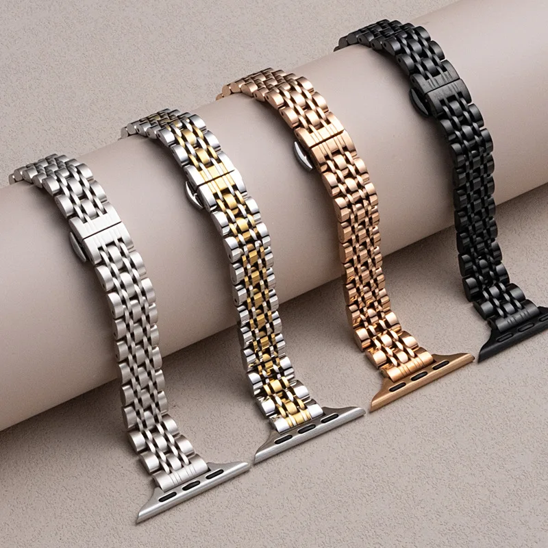 For Apple Watch Strap Small Waist Seven-Bead Solid Steel Band Butterfly Clasp Women's Model
