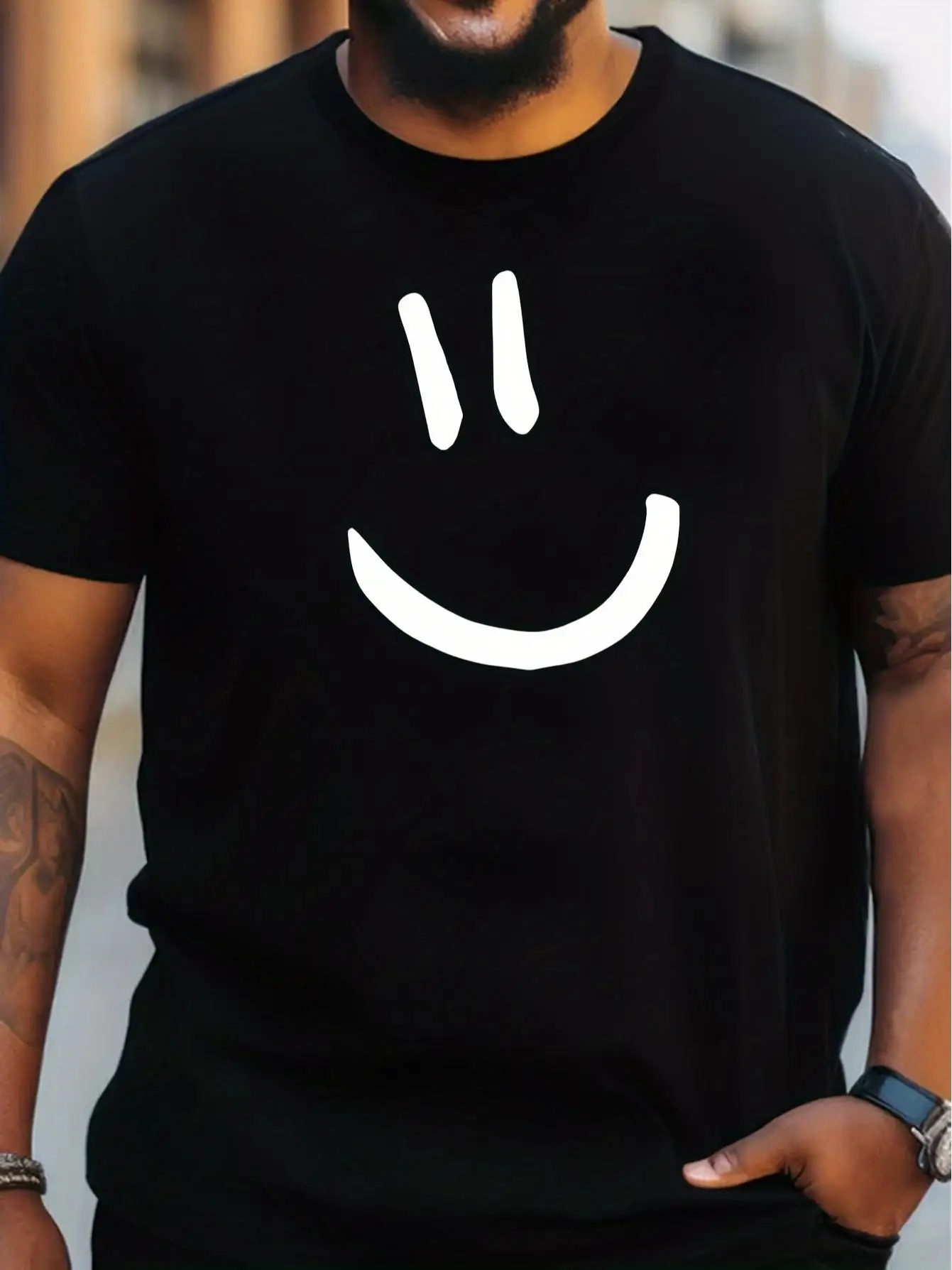 Men's Casual Short-Sleeved T-Shirt with Fun Face Design, Ultra-Fashionable Sporty Style, Minimalist and Versatile, Round Neck, Slightly Stretchy Fabric, Regular Fit, Suitable for All Seasons