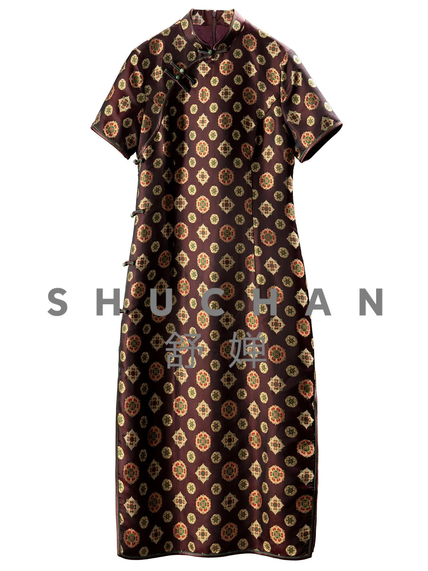 

New Chinese Intangible Cultural Heritage Song Jin Silk Short Sleeve Cheongsam Dress Women 41J9