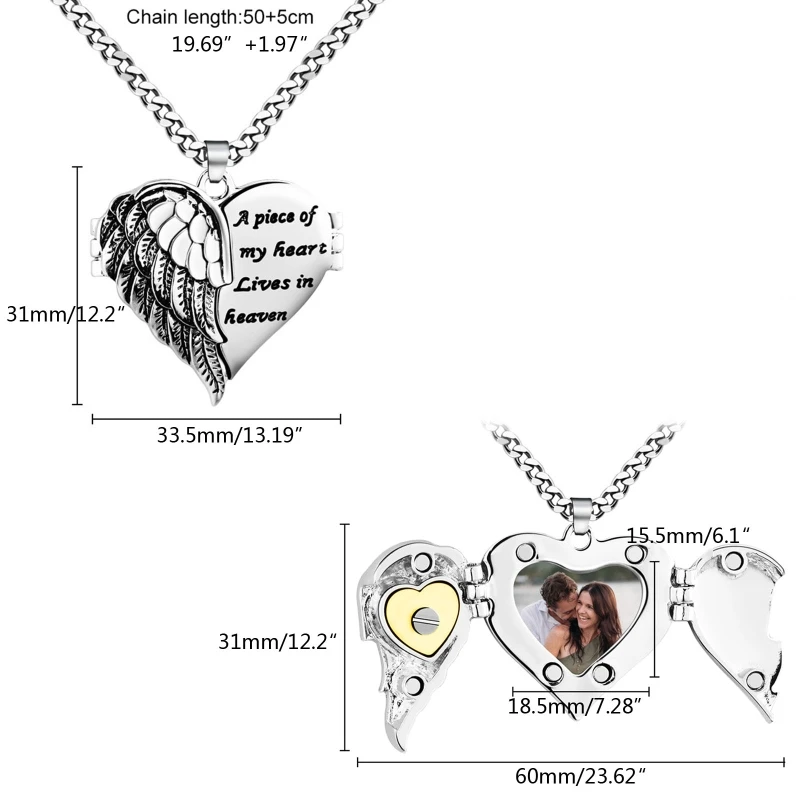 Silver Angel Wing Locket Necklace Forever in Heart Jewelry Heart Photo Lockets Necklace Jewelry for Women Dropship