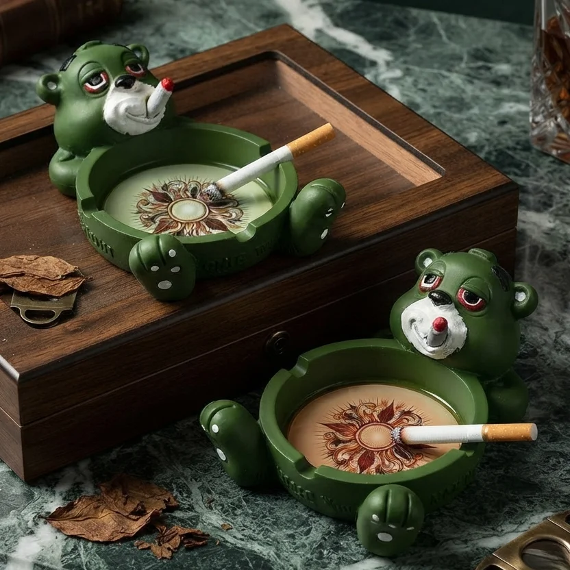 Funny Green Bear Ashtray Cool Novelty Smoking Ash Tray Holder Aesthetic Graphic Design Unique Tabletop Room Accent Decor Cute De