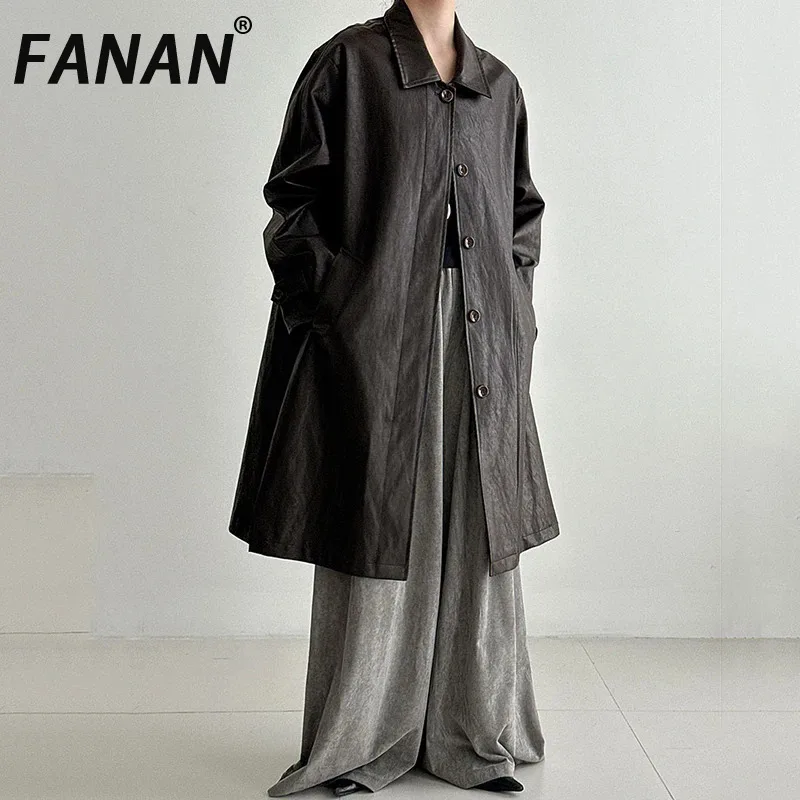 

FANAN Высококачественная винтажная женская ветровка из искусственной кожи, осенний новый универсальный однобортный плащ средней длины с лацканами, модный
