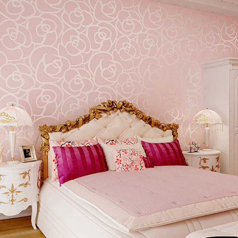 

Roll wallpaper Warm pink non woven rose 3D wallpaper modern simple flocking bedroom living room TV wallpaper U184