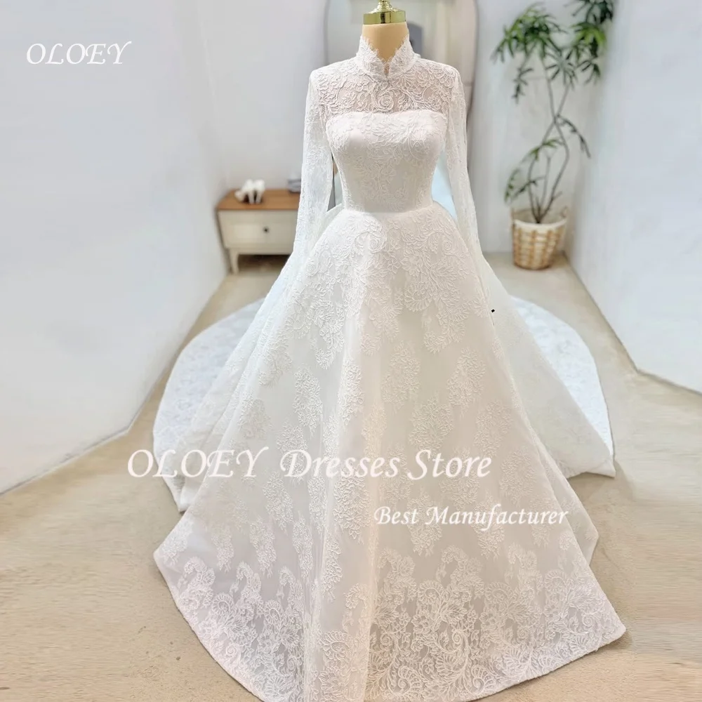 

OLOEY Elegant Muslim Lace Wedding Dresses High Neck Long Sleeves Boho Bridal Dress vestidos de novia Customized