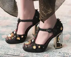 Women Retro Black Burgundy Red Blue Cloth Floral Pearl Bling Crystal Rhinestone Round Toe Pumps Metal Block Heel Banquet Shoes