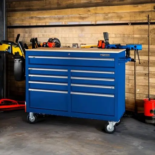 46 In. 9-Drawer Mobile Storage Cabinet With Solid Wood Top - Blue Workbench