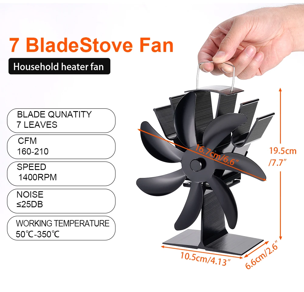 Black Stove Fan 7 Blade Heat Powered Fireplace Fan Log Wood Burner Eco Quiet Stove Fan Heater Home Efficient Heat Distribution