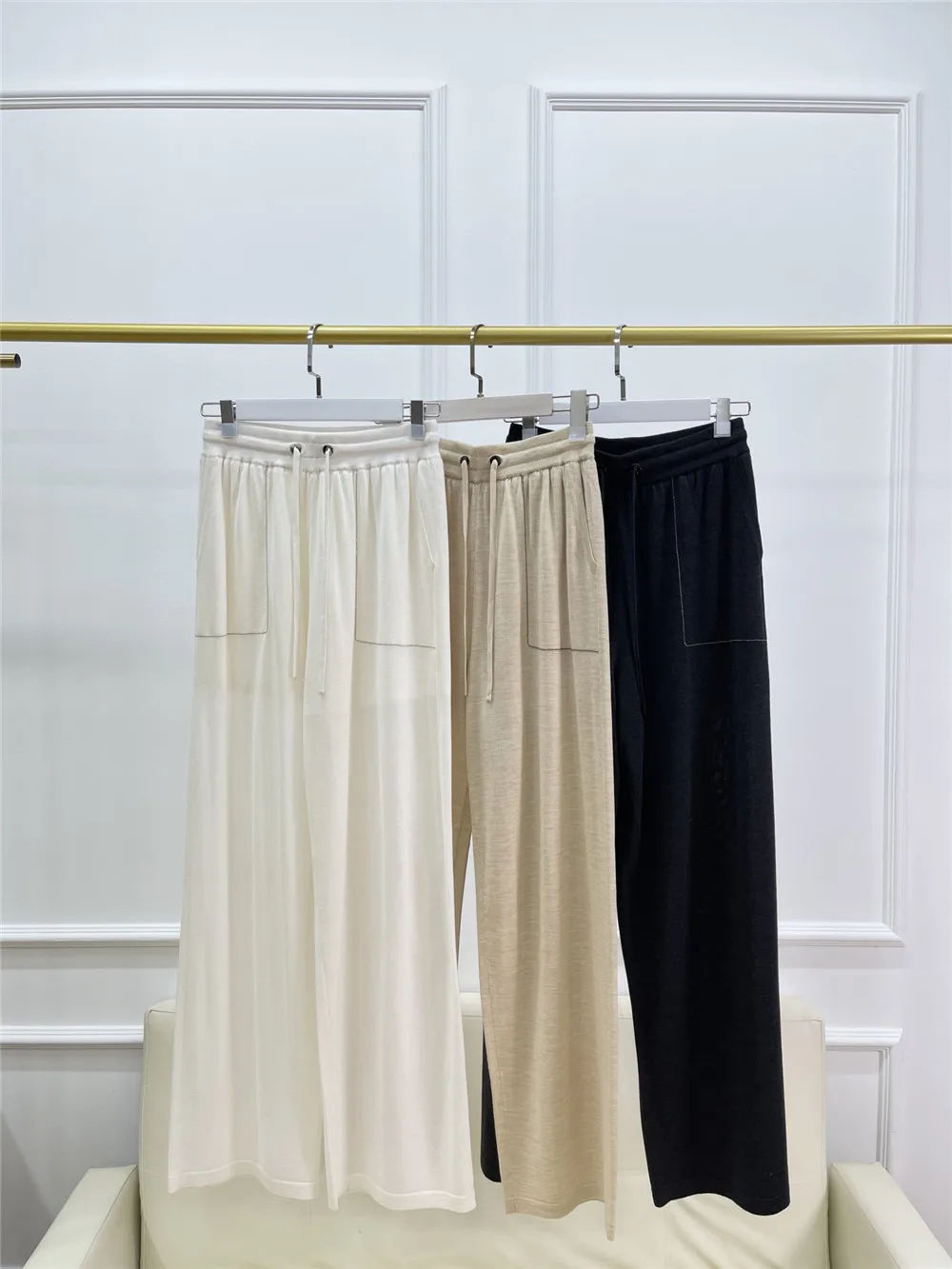 Casual Knitted Wide Leg Pants with Drawstring Elastic High Waist Trousers