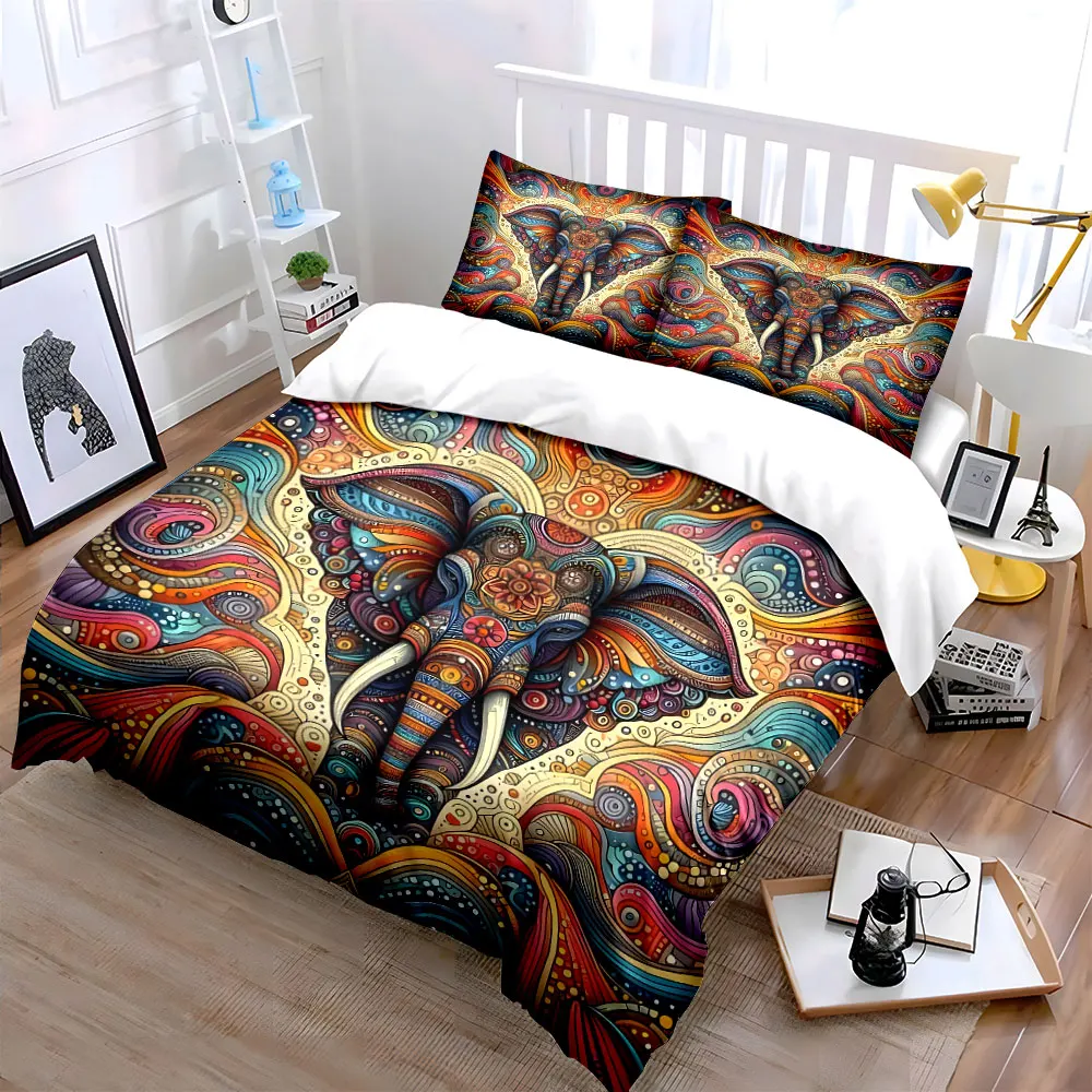 Colorful Decorative Elephant Illustration Duvet Cover Set with 3D Printing Design Soft Polyester Bedding Set All-Season Comfort