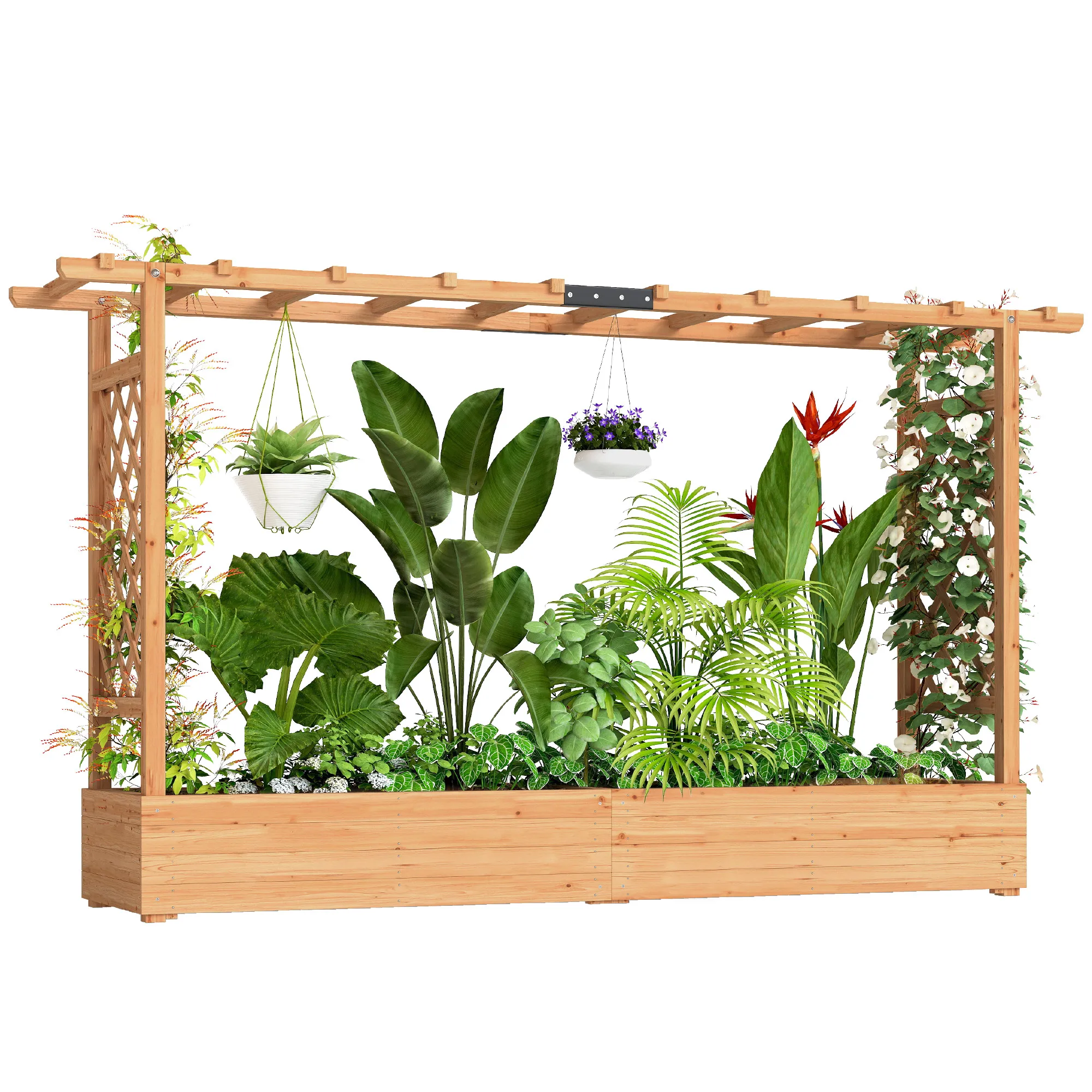 Jardinière surélevée avec treillis, 200x44x113.5cm, bois naturel, trous de drainage, idéale pour le jardinage et la décoration