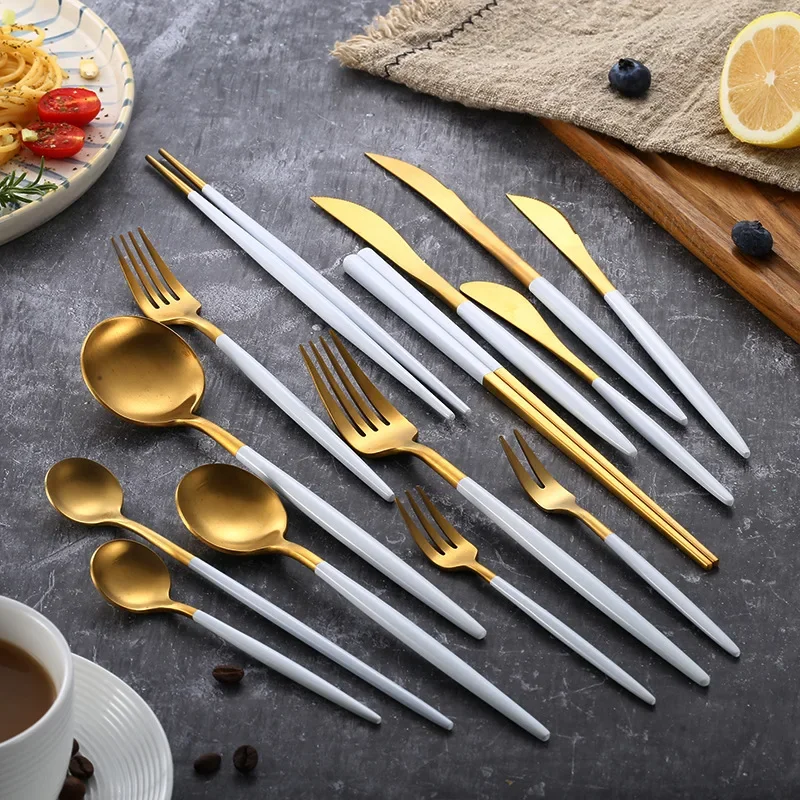 Matte White Gold 18/10 Stainless Steel Cutlery Set Dinner Knife Coffee Spoon Fork Chopsticks Flatware Set Dishwasher Safe