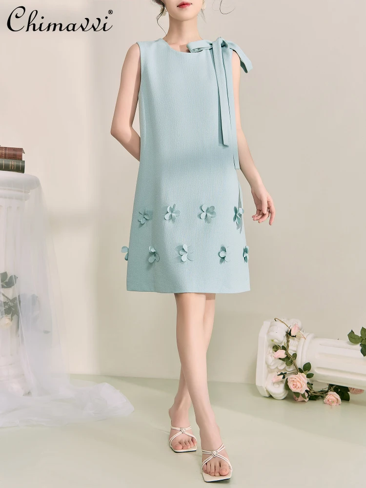 

French Elegant Temperament Socialite Summer Dress Crew Neck Lace-up Bow Sleeveless Loose A-line Applique Blue Short Dress Women