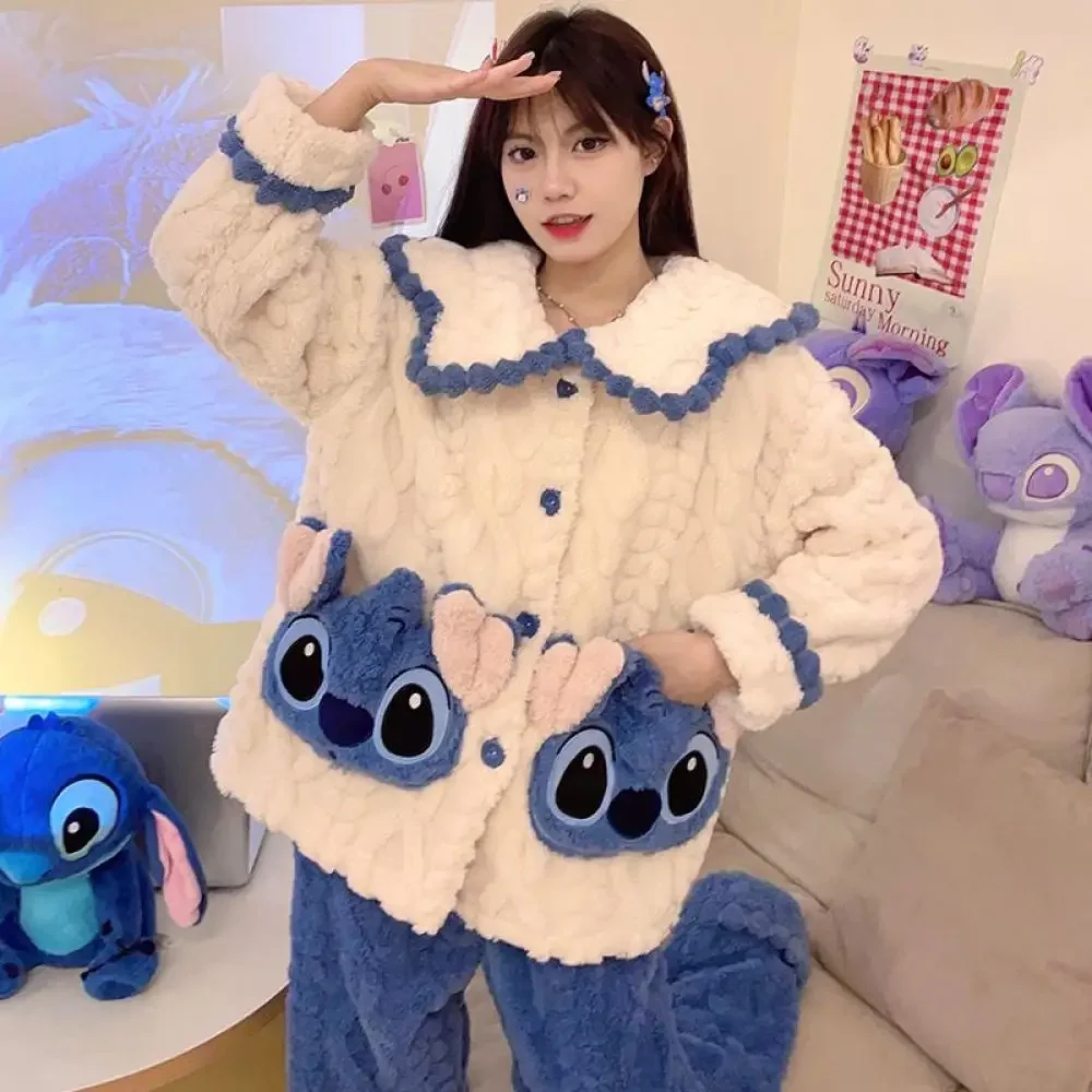 Conjunto de pijamas de terciopelo Coral de punto de Anime para mujer, conjunto de ropa cálida y gruesa para el hogar, Estilo Princesa de Disney, otoño e invierno