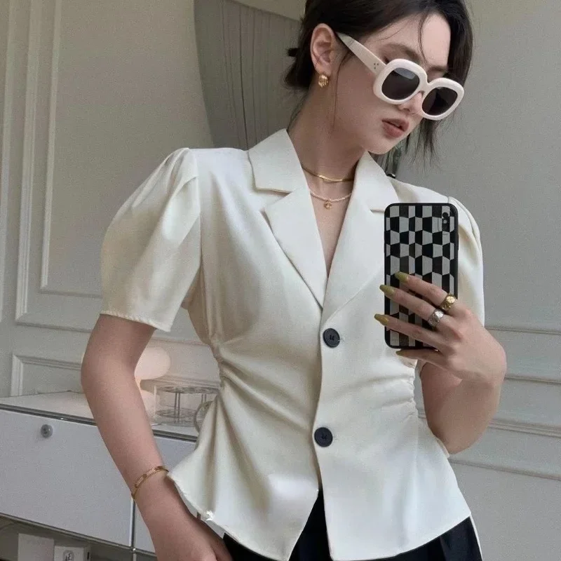 Blazer Frauen Kurzarm Chic Raffen Vintage Sommer Französisch Stil Temperament Mode Büro Damen Einfache Casual Ulzzang Ins