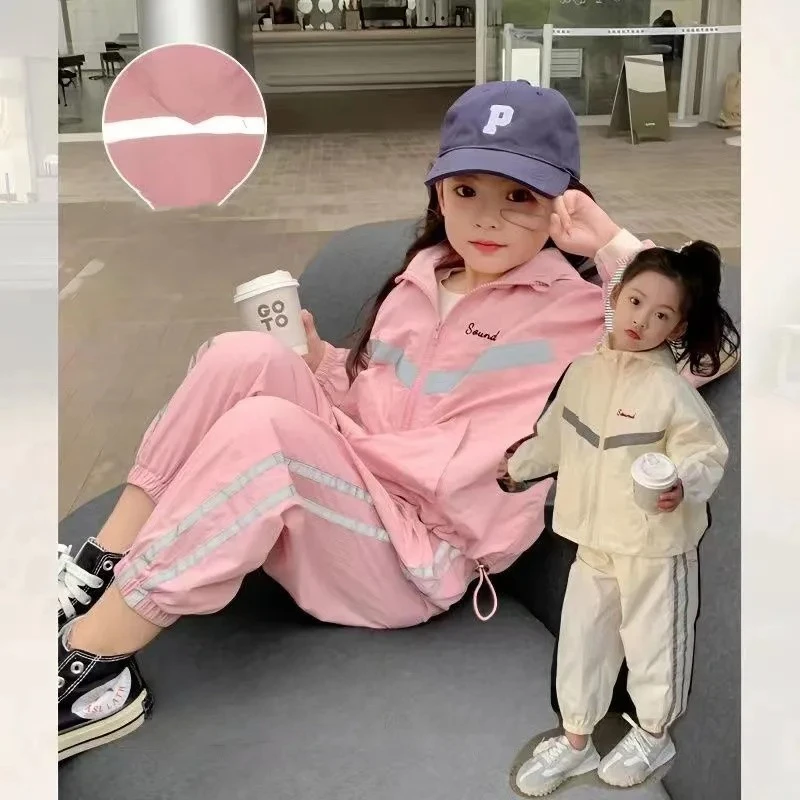 

Girls' Suit 2024 New Casual Wear Children's Sportswear Spring and Autumn Simplicity Sports Hooded Windbreaker Two-Piece Suit
