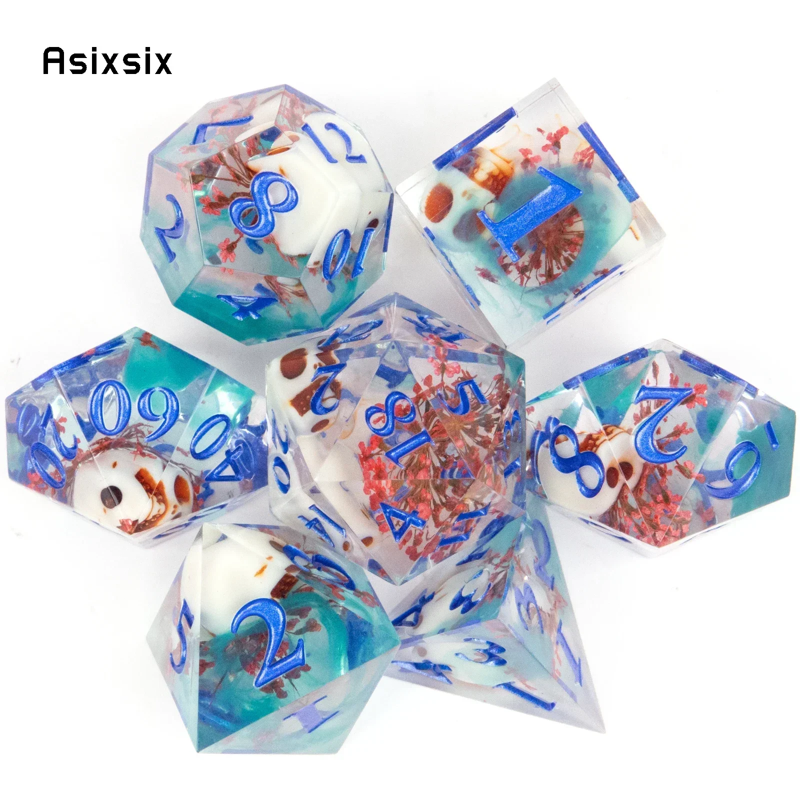 

7 Pcs Blue Flower Resin Golden Number Sharp Edge Dice Polyhedral Dice Suitable For Role-Playing DICE Prop