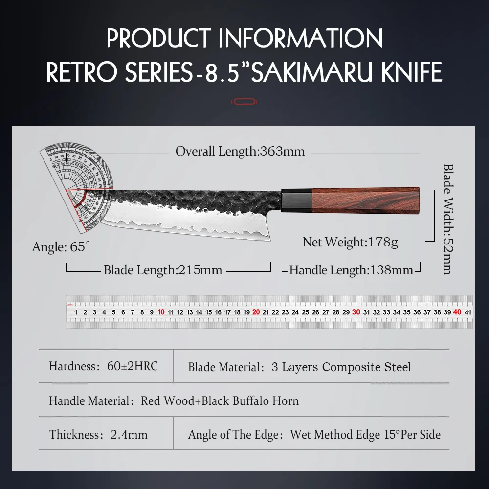 HEZHEN 레트로 시리즈 셰프 나이프, 스테인레스 스틸, 빨간색 나무 손잡이, 주방 요리 칼, 3 층 복합