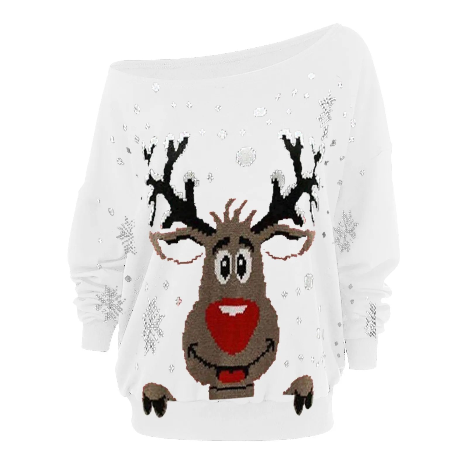 Christmas Sweatshirt Women Red Long Sleeve Print One Shouldert Solid Blouse Ugly Xmas Reindeer Sweater New Year Woman Pullover