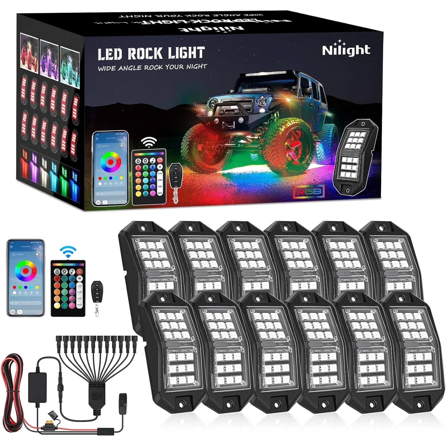 Nilight RGB LED Rock Lights Kit 12 PCS 18LED Wide Angle Wheel Well Light with Remote & Bluetooth App Dual Control Multi Modes Underglow Multicolor Neon Pod for ATV UTV SUV Offroad Truck RZR Boat