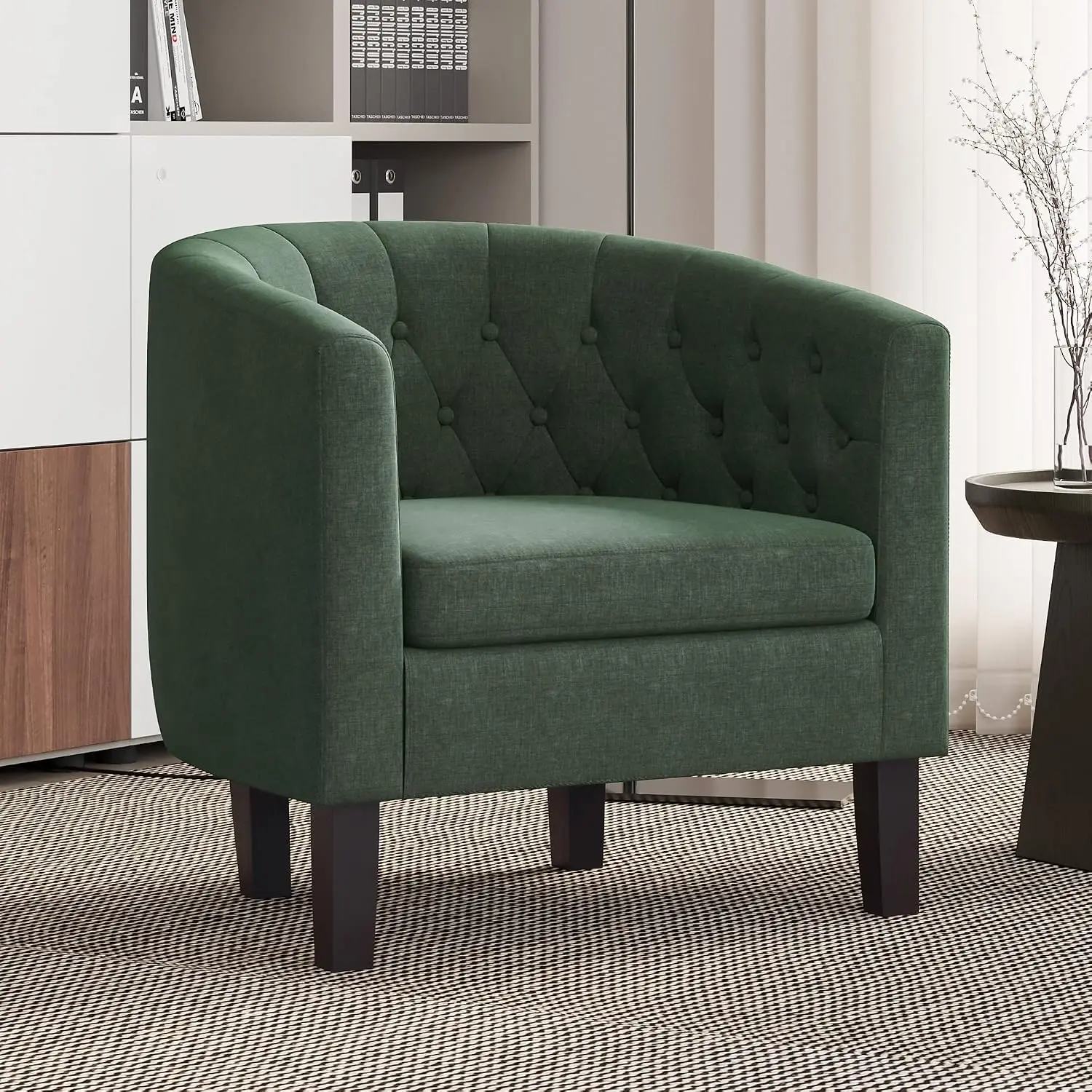 Green Accent Chair Set of 2, Tufted Barrel Club Chair for Living Room Bedroom with Sturdy Legs & Linen Fabric, Customized