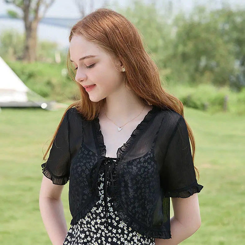 

Bla Lace Trim Belted Summer Faionable Anti-UV Women's Cardigan ort Sve V-Ne Thin Coat oulder Pads Included